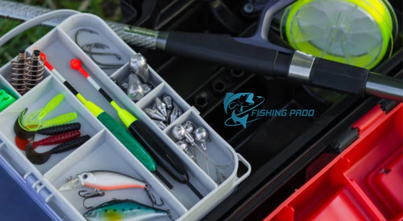 Assorted fishing spinners and lures in a transparent storage case.