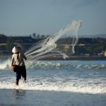 a man is fishing with a net. high quality photo